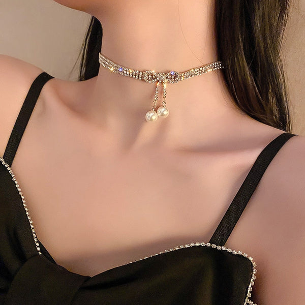 Golden Bowknot Rhinestone Choker Necklaces for Women Pearl Pendant Necklaces