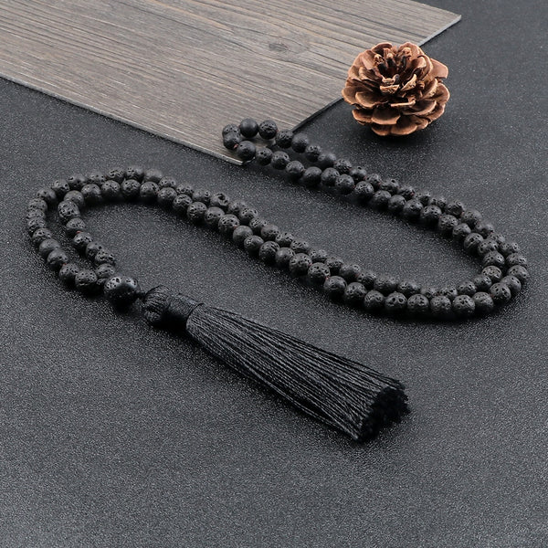 Collar de cuentas de piedra negra brillante Mala 108 para hombre, collar de cuentas de piedra de lava volcánica