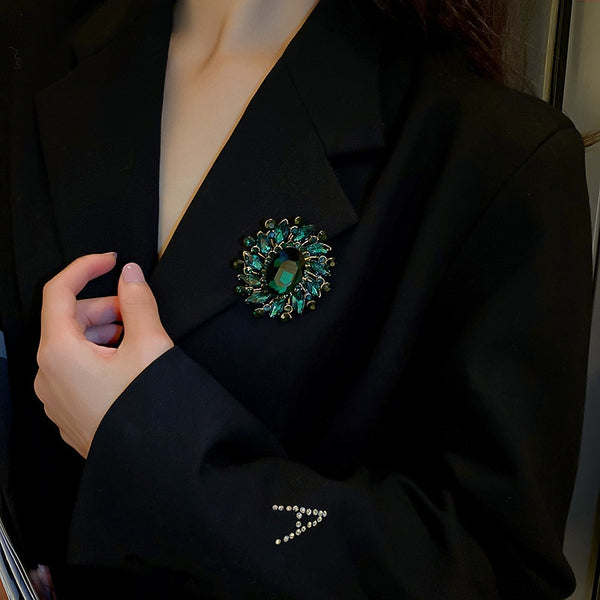 Broche antiguo vintage con cristales verdes y diamantes de imitación, joyería para mujer