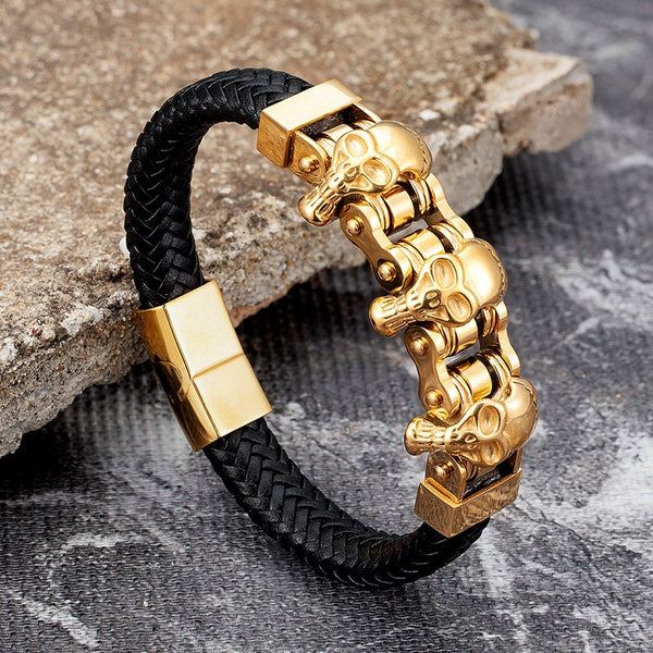 Pulsera de cuero de acero inoxidable con calavera dorada para hombre