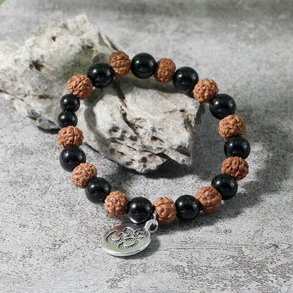 Pulsera elástica de cuerda de yoga con ónix negro y rudraksha para hombre