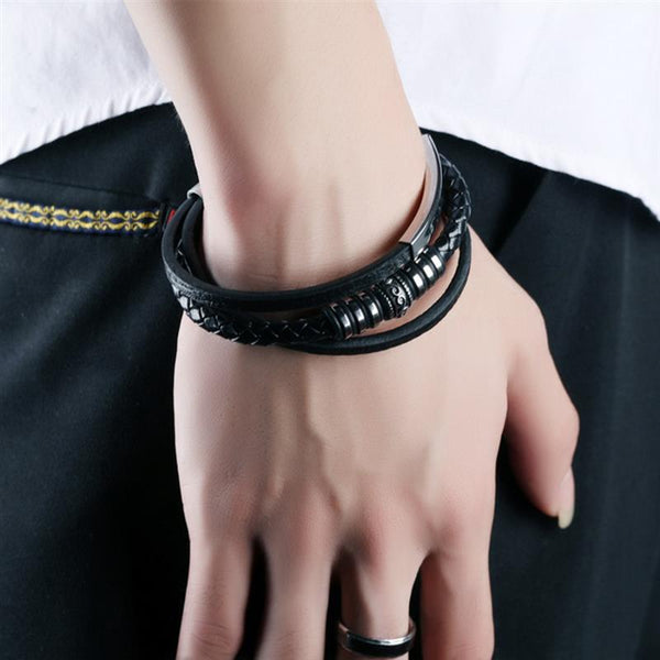 Pulsera de cuero multicapa para hombre, de acero inoxidable y metal, de lujo.