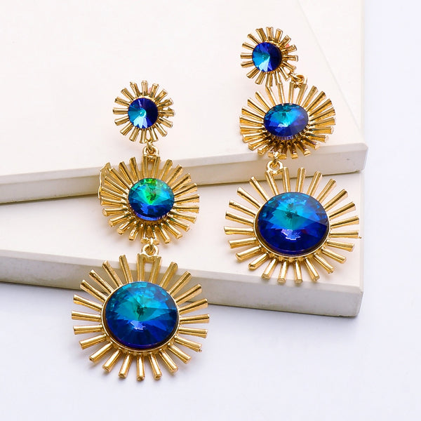 Nuevos pendientes colgantes redondos de cristal con diamantes de imitación de metal de colores