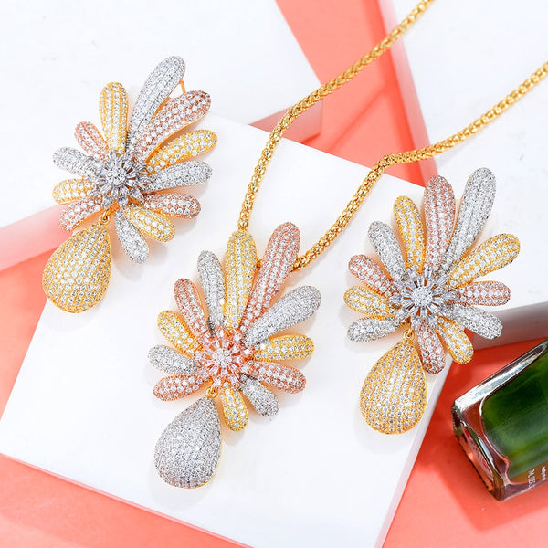 Luxury 2PCS Flower Leaf Necklace Earring Set Dubai Wedding Jewelry Sets