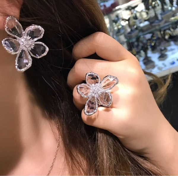 Luxury Flower Blue Crystal Jewelry Set For Women Wedding Necklace Earring Set