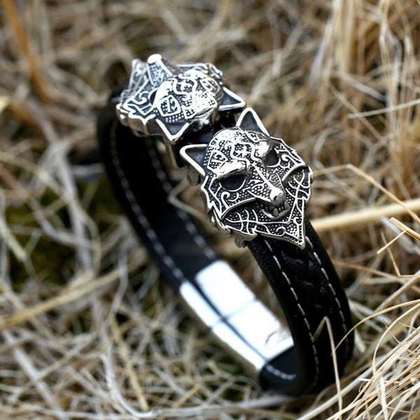 Pulsera vintage de acero inoxidable 316L con cabeza de lobo vikingo para hombre