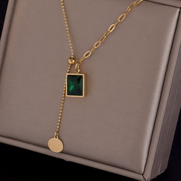 316L Stainless Steel Bead Drawstring Design Green Geometric Pendant