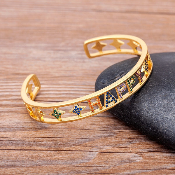 Brazalete clásico con letras alegres, ajustable, abierto, de cobre y circonitas, con forma de estrella, para mujer