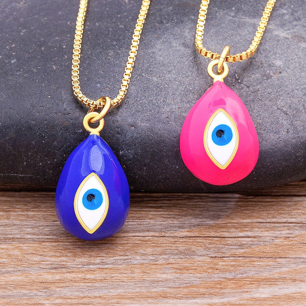 Colgante de ojo malvado azul pavo con diseño de moda, con micropavé de esmalte geométrico y gota de aceite