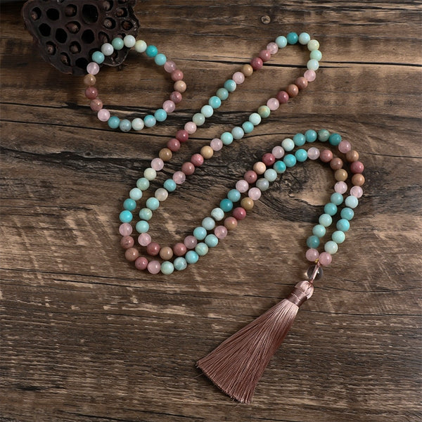 Collar con borlas de rodolita natural y amazonita de cuarzo rosa de 8 mm