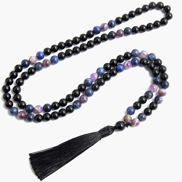 Collar de cuentas de ónix negro natural, amatista y sodalita azul de 8 mm