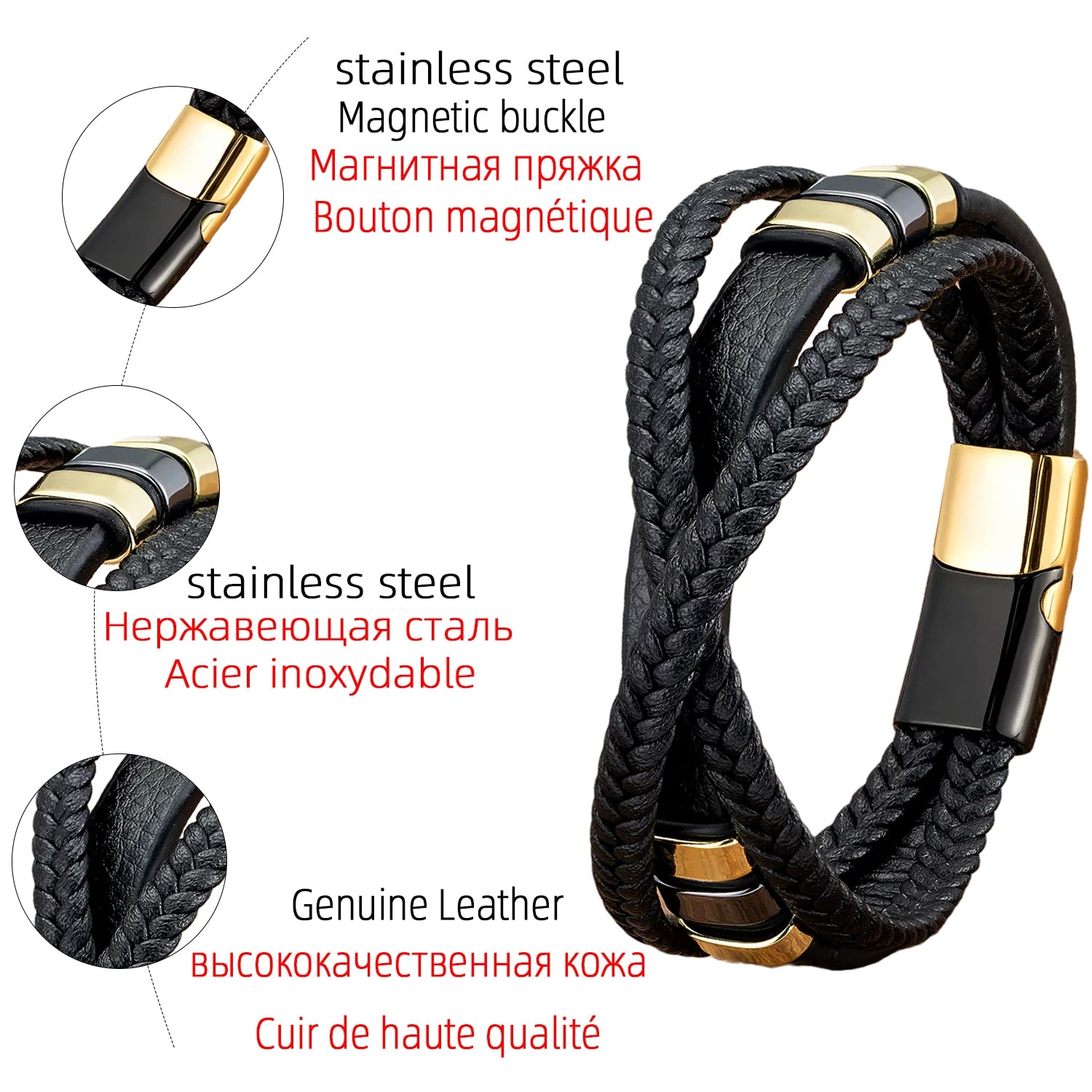 Classic Stainless Steel Metal Bracelet Men Multilayer Weave Genuine Leather Rope Bangles Bracelet