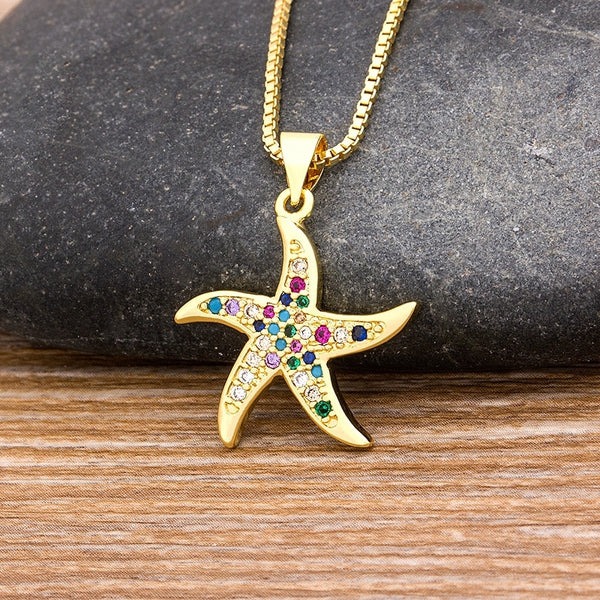 Collar con colgante de arcoíris y estrella de mar con circonitas cúbicas pavé bohemias, cadena de eslabones, novedad