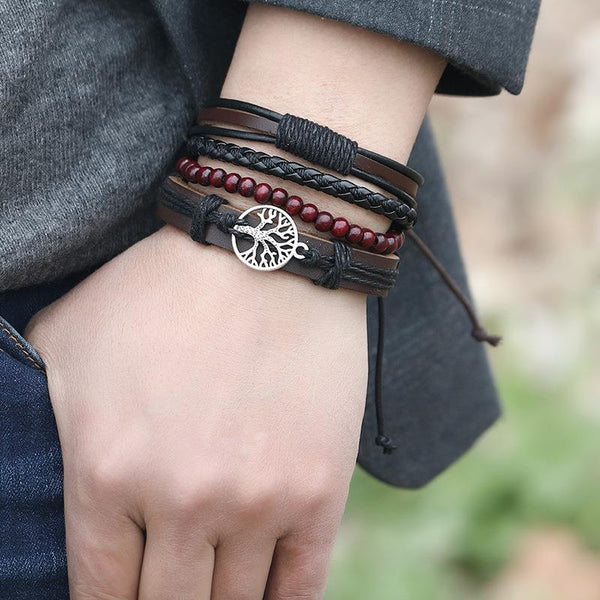 Juego de pulseras multicapa para hombre: pulseras de cuero trenzado