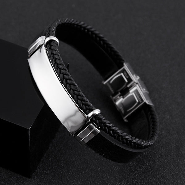 Pulsera de cuero trenzado multicapa de acero inoxidable negro para hombre