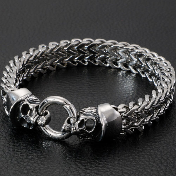Pulsera de malla de acero inoxidable con calavera y mano para hombre, estilo rock and roll, con cadena de eslabones