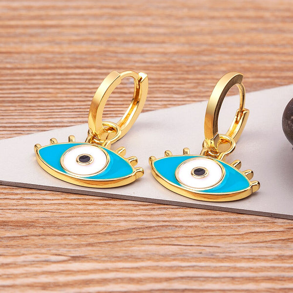Pendientes colgantes con dije de ojo turco de la suerte y esmalte con aceite para mujer