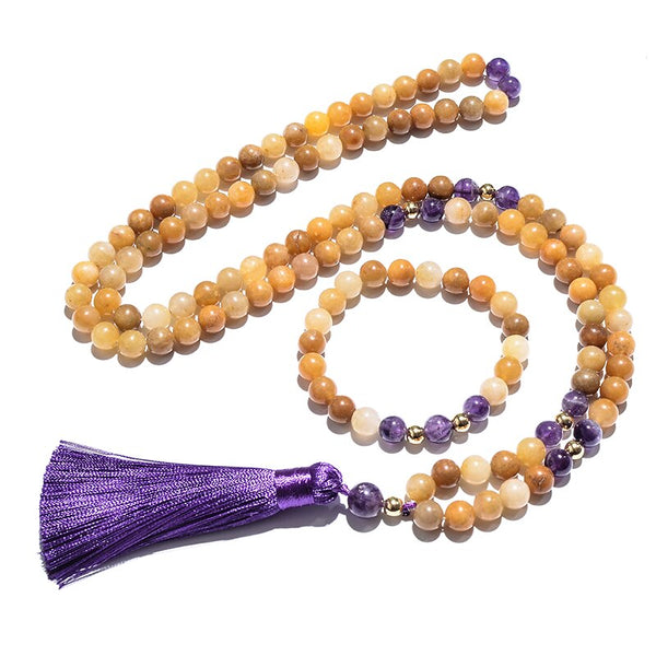 Collar Mala 108 con cuentas de amatista y topacio de 8 mm para meditación, yoga, oración, joyería y rosario Japamala
