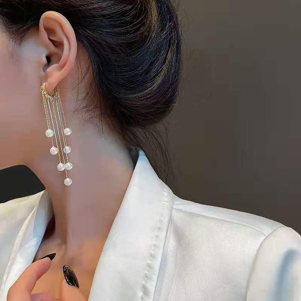 Pendientes largos con borlas de perlas para mujer