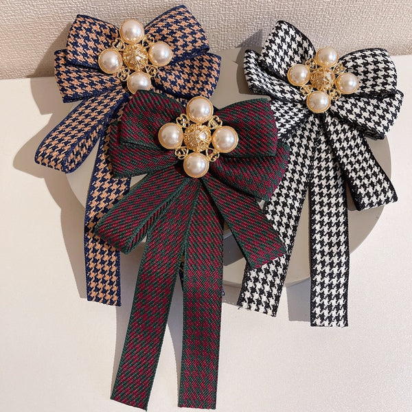Korean Fabric Bow Tie Brooches Pearl Bowknot Necktie