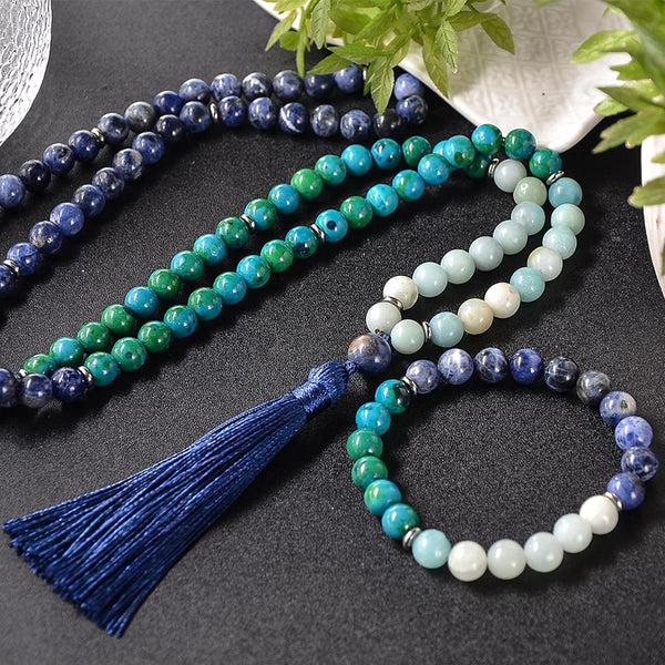 Collar de cuentas de amazonita, lapislázuli y fénix de sodalita azul natural de 8 mm