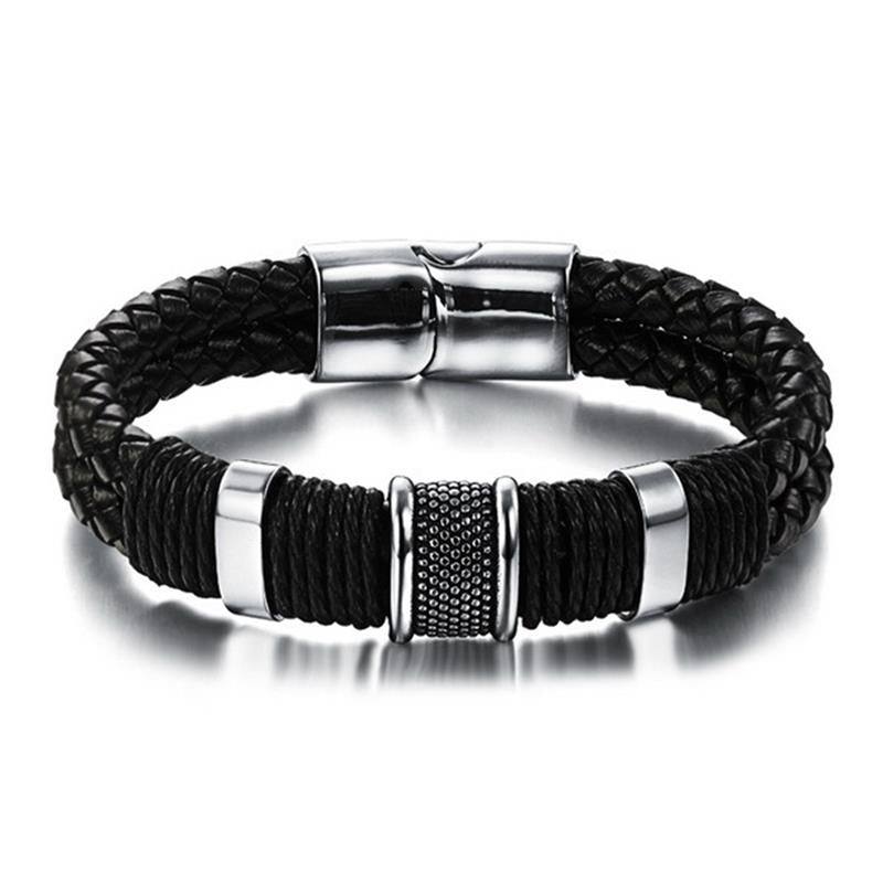 Fashion Braided Leather Bracelet Men Stainless Steel Magnetic Clasp