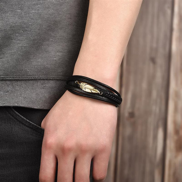 Pulsera de plumas de cuero genuino para hombre, cierre magnético de acero inoxidable, estilo punk multicapa.