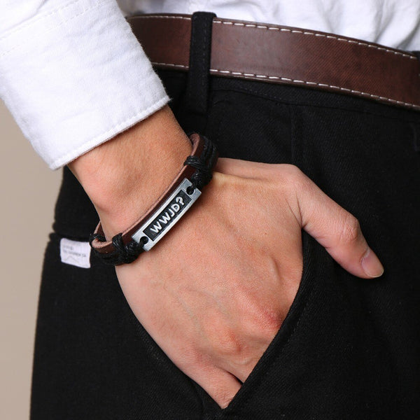 Men Leather Bracelet What Would Jesus Do Cuff Bangle Friendship Bracelet