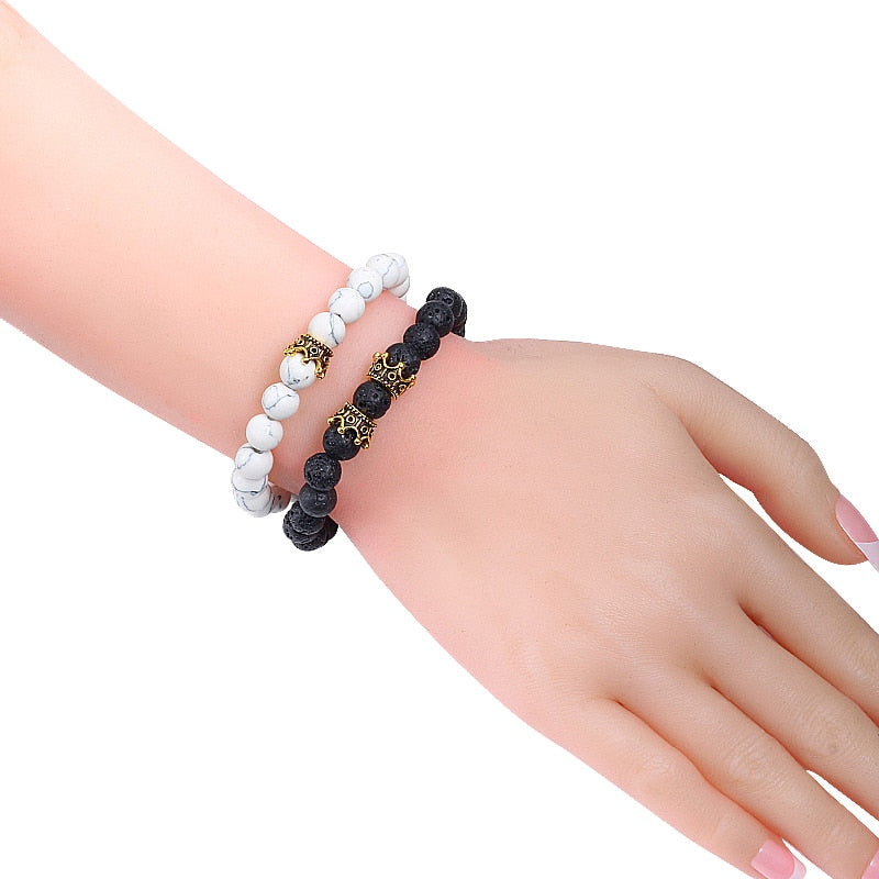 2pcs/set Classic Natural Stone Distance Bracelet Charm Black Lava Men Crown Beaded Bracelets