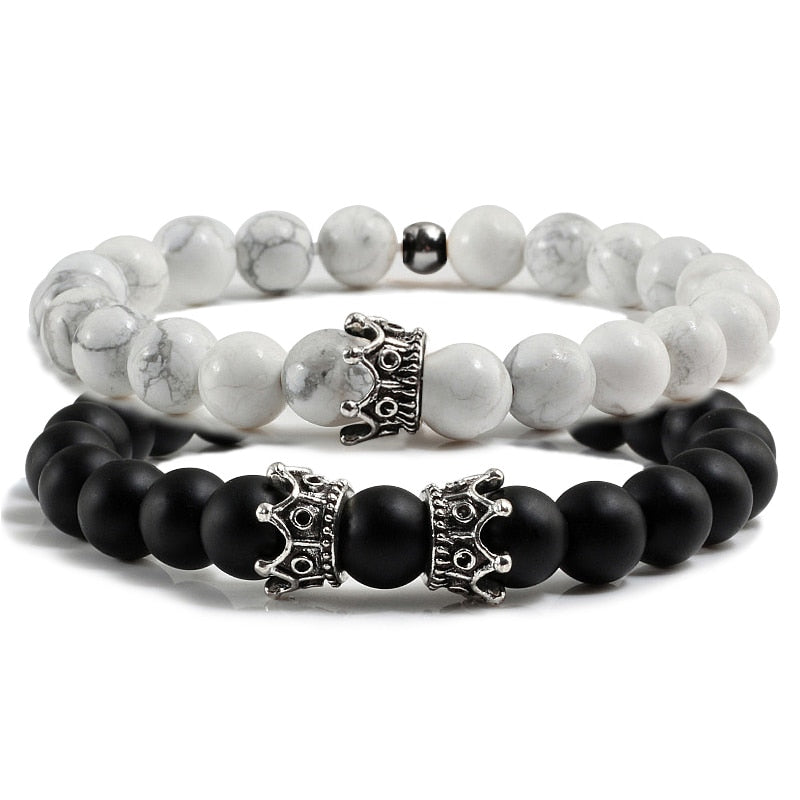 2pcs/set Classic Natural Stone Distance Bracelet Charm Black Lava Men Crown Beaded Bracelets