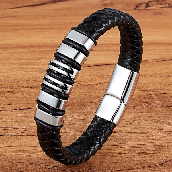 Pulsera de cuero genuino con hebilla magnética de acero inoxidable y diseño creativo en dorado y negro para hombre