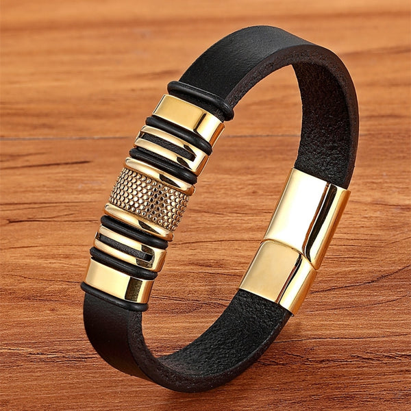 Gold Luxury Accessories Leather Stainless Steel Men Bracelet
