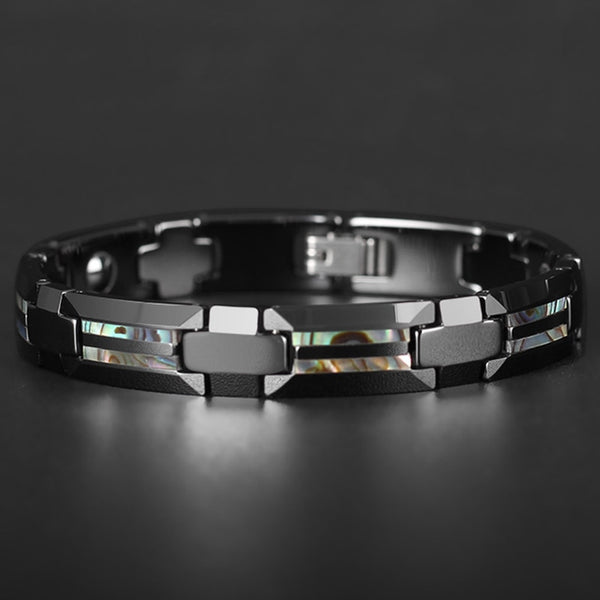 Pulsera magnética de lujo para hombre, con concha natural de cerámica negra y tungsteno, ideal para la salud.