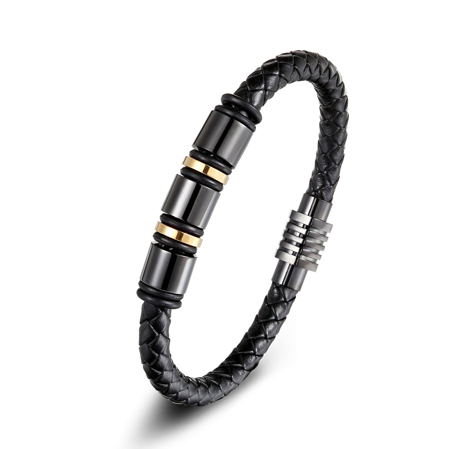 Genuine Leather Cool Black Gold Creative Design Stainless Steel Magnetic Buckle Charm Men Leather Bracelet