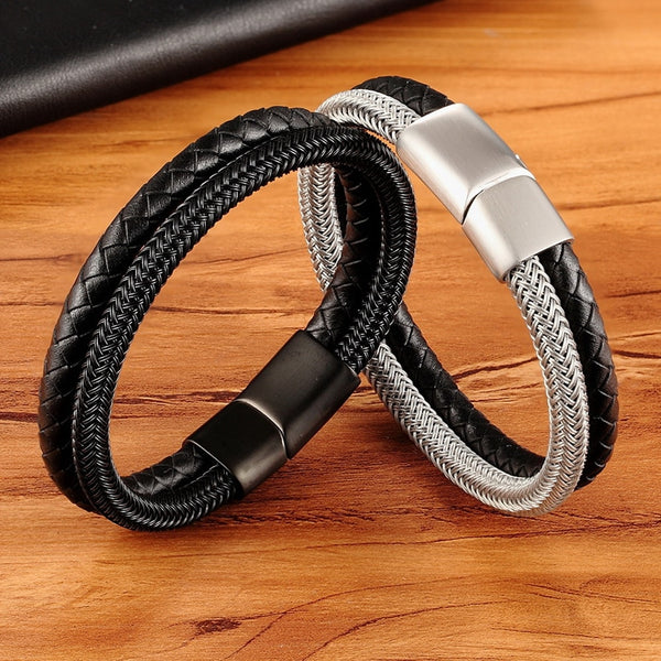 Pulsera clásica de cuero con costuras de acero inoxidable para hombre