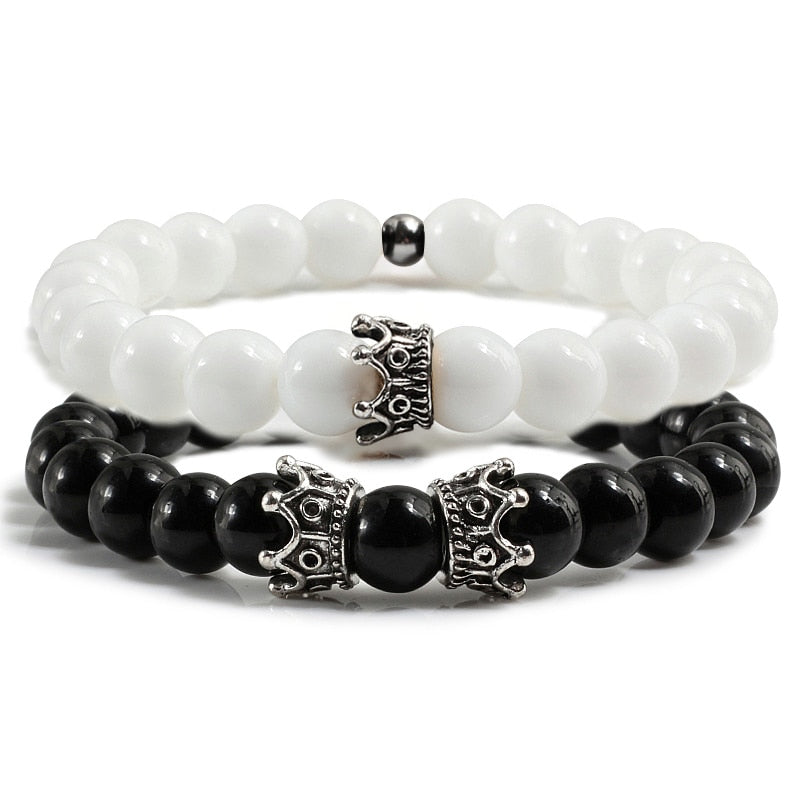 2pcs/set Classic Natural Stone Distance Bracelet Charm Black Lava Men Crown Beaded Bracelets