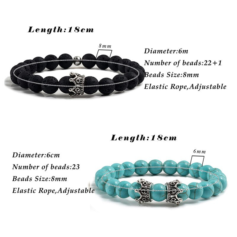 2pcs/set Classic Natural Stone Distance Bracelet Charm Black Lava Men Crown Beaded Bracelets