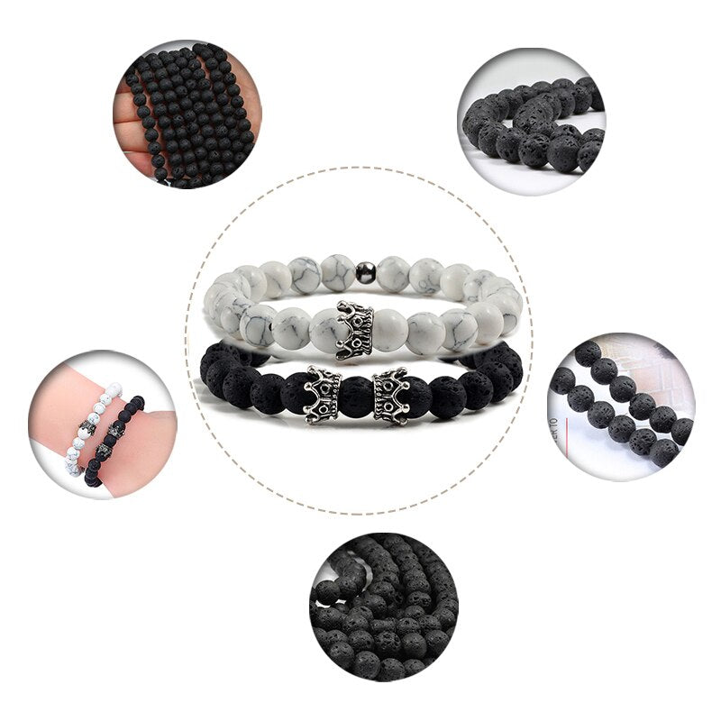 2pcs/set Classic Natural Stone Distance Bracelet Charm Black Lava Men Crown Beaded Bracelets