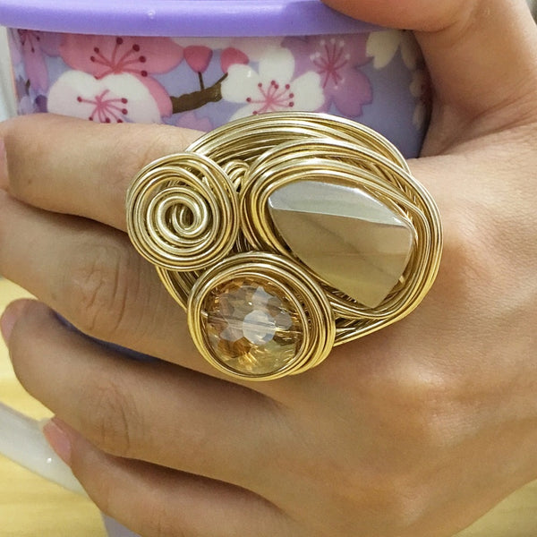 Handmade Big Champagne Crystal Rings For Women