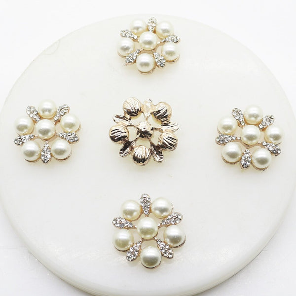 Lote de 10 botones de metal de cristal artificial con perlas de flores de 25 mm, accesorios para manualidades.