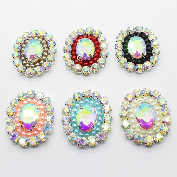 Nuevo 5 piezas/lote 38*32 mm Botón de espalda plana Perla Hierba Rhinestone Botones de presión de metal