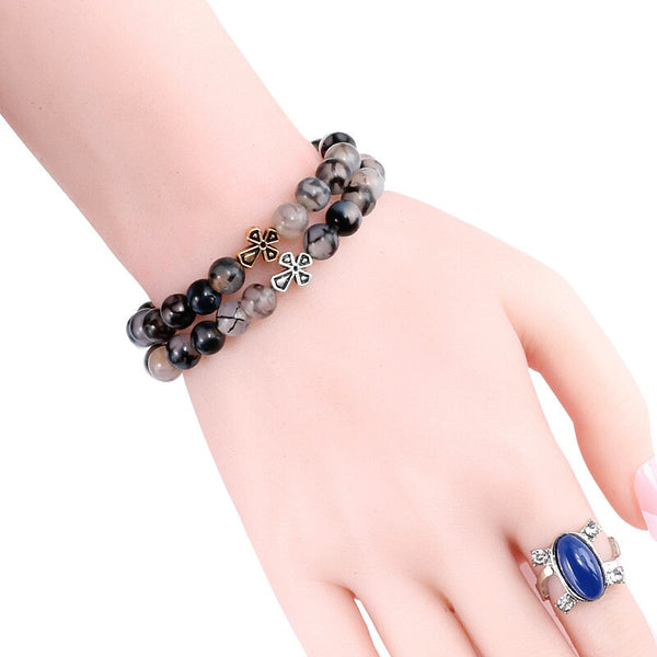 Pulsera de cuentas de lava volcánica negra de moda para hombre, pulseras de piedra natural con cruz dorada.