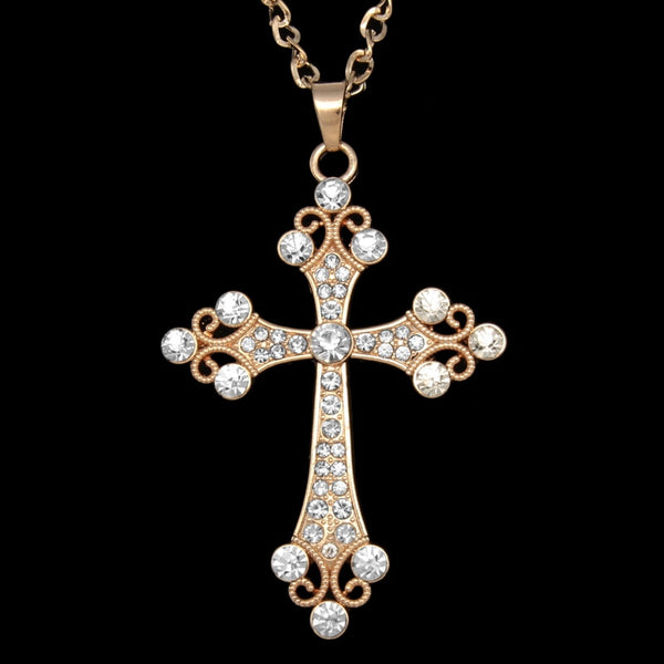 Hip Hop Catholic Big Cross Pendant Necklace Gold Plated Chain Rhinestone Long Necklace for Women