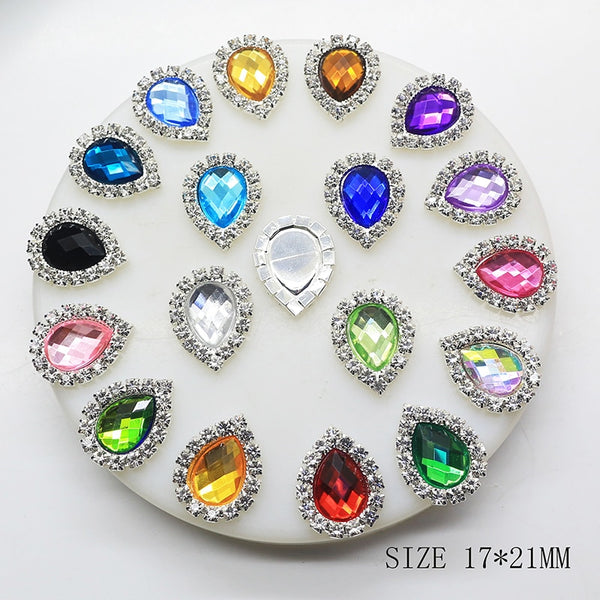 10 botones de diamantes de imitación con forma de gota de agua de 17 mm x 21 mm