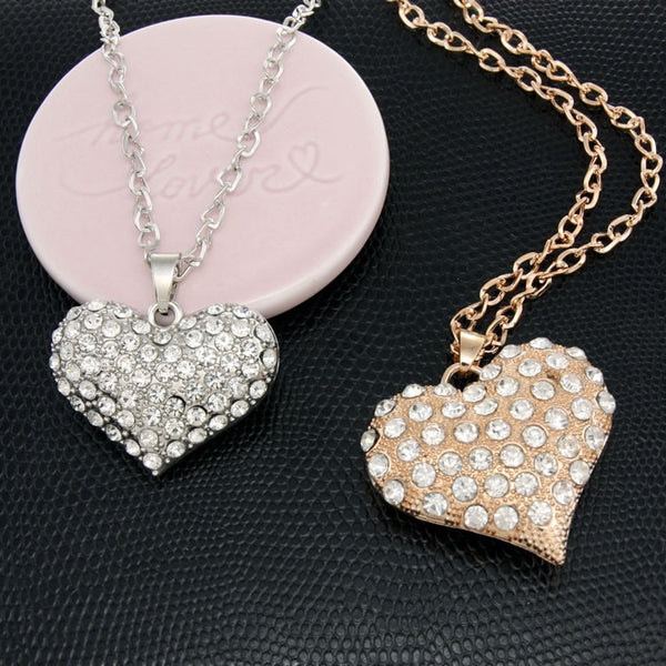 Big Gold Color Heart Necklace for Women Crystal Long Chain Necklaces