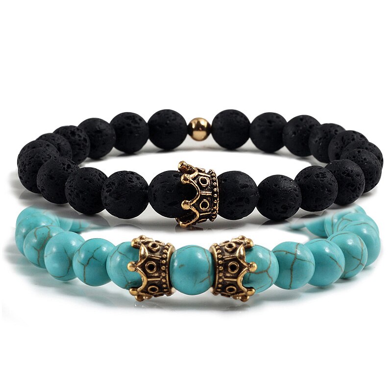 2pcs/set Classic Natural Stone Distance Bracelet Charm Black Lava Men Crown Beaded Bracelets