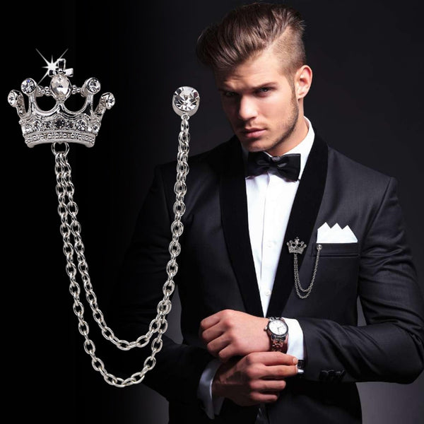 Men Brooch Suit Chain Pins Crown Badge Vintage Brooches