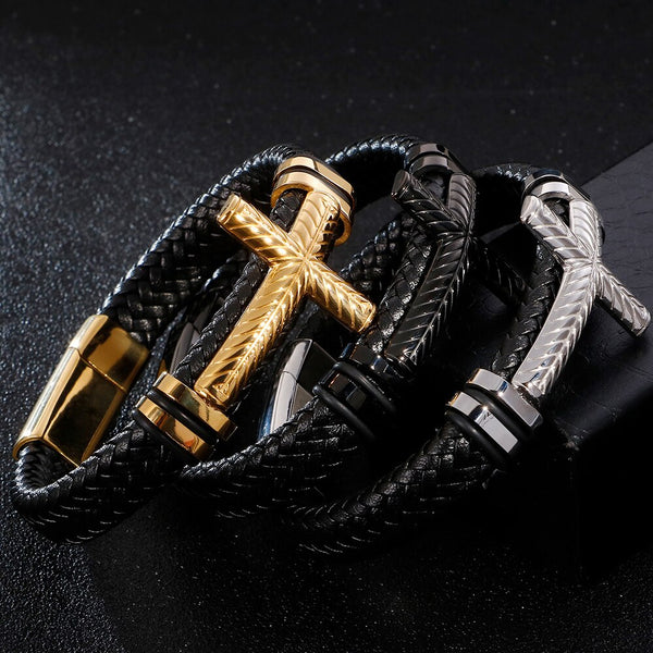 Pulsera de cuero trenzado con cruz cristiana para hombre, clásica, color negro y dorado, de acero inoxidable.