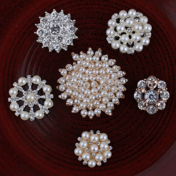 5pcs/lot 2017 Metal Flatback Flower Pearl Crystal Buttons for Crafts Clear Alloy Rhonestone Buttons