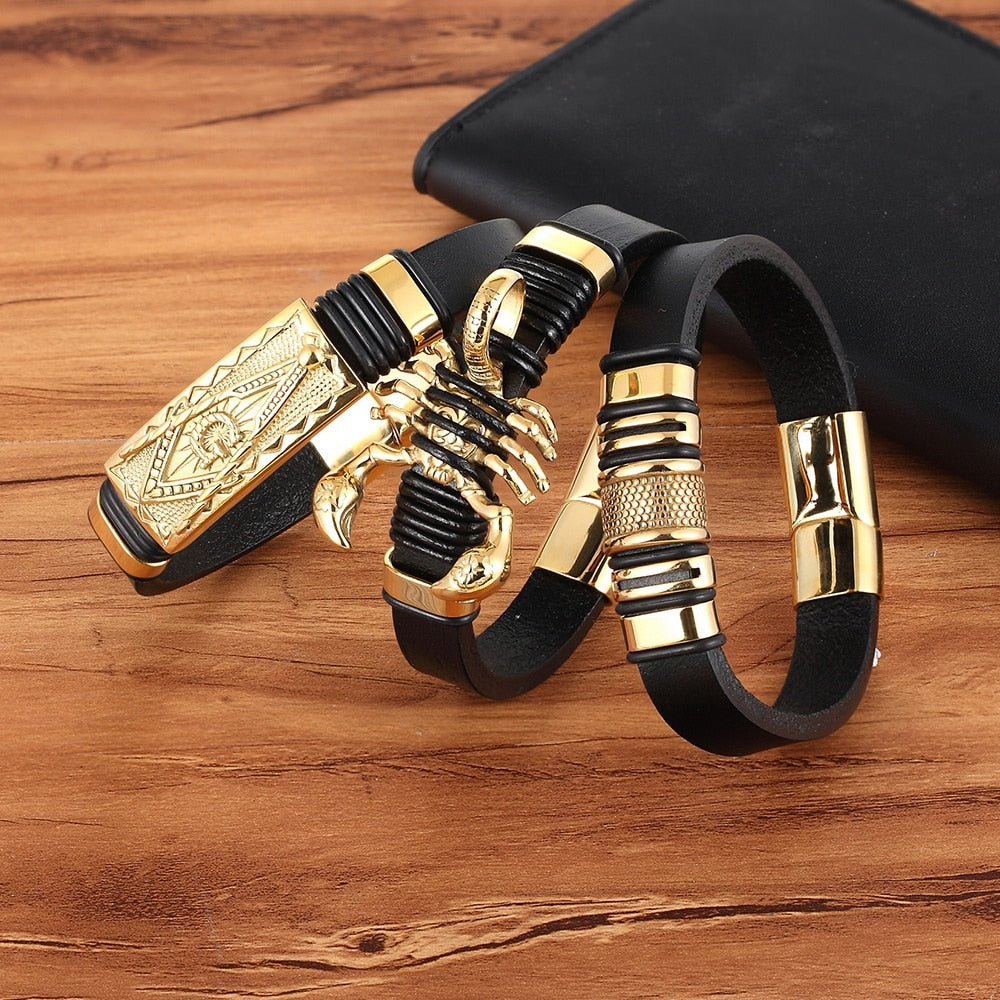 Genuine Leather Bracelet Gold Color Easy Hook Totem/Geometric/Scorpion Pattern